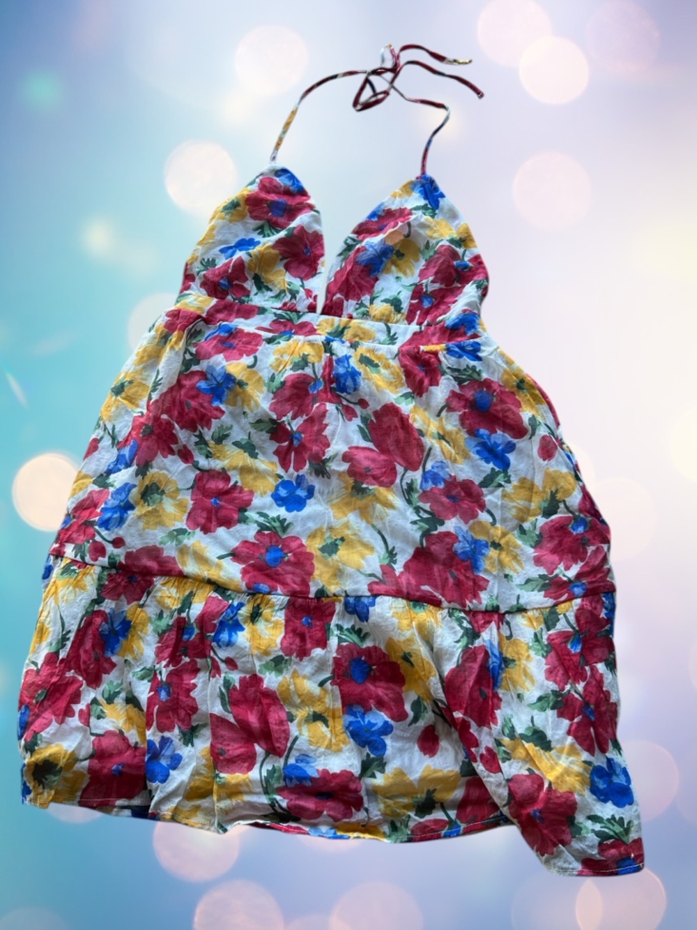 Inmod Festival Dress | Floral Halter Mini Dress - Red, Yellow & Blue 🌸💐🪻 - Picture 9 of 13